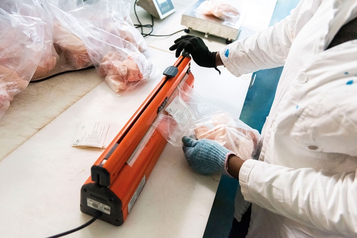 Les poissons sont pesés et répartis dans des sachets de 1 kg. Chaque paquet est fermé à l’aide d’un thermocollant, puis le tout est réparti dans des cartons avant d’être stocké dans un congélateur, la dernière étape. Les paquets seront ensuite distribués par les associations aux bénéficiaires de l’aide alimentaire.