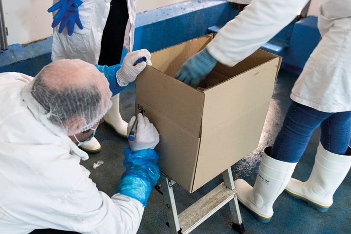 Les poissons sont pesés et répartis dans des sachets de 1 kg. Chaque paquet est fermé à l’aide d’un thermocollant, puis le tout est réparti dans des cartons avant d’être stocké dans un congélateur, la dernière étape. Les paquets seront ensuite distribués par les associations aux bénéficiaires de l’aide alimentaire.