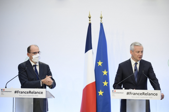 Le Premier ministre Jean Castex et plusieurs autres ministres (dont celui de l’Économie, Bruno Le Maire) présentaient le 3 septembre 2020 leur plan France Relance.